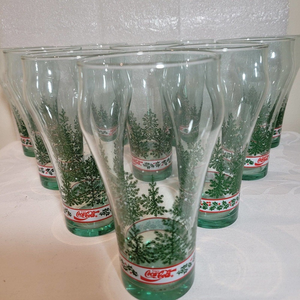 Coca-Cola original green Christmas pine tree glasses Set of 10